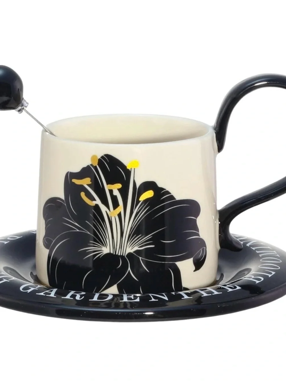 Ceramic Coffee Cup & Saucer Set - Black Floral, Three-Piece